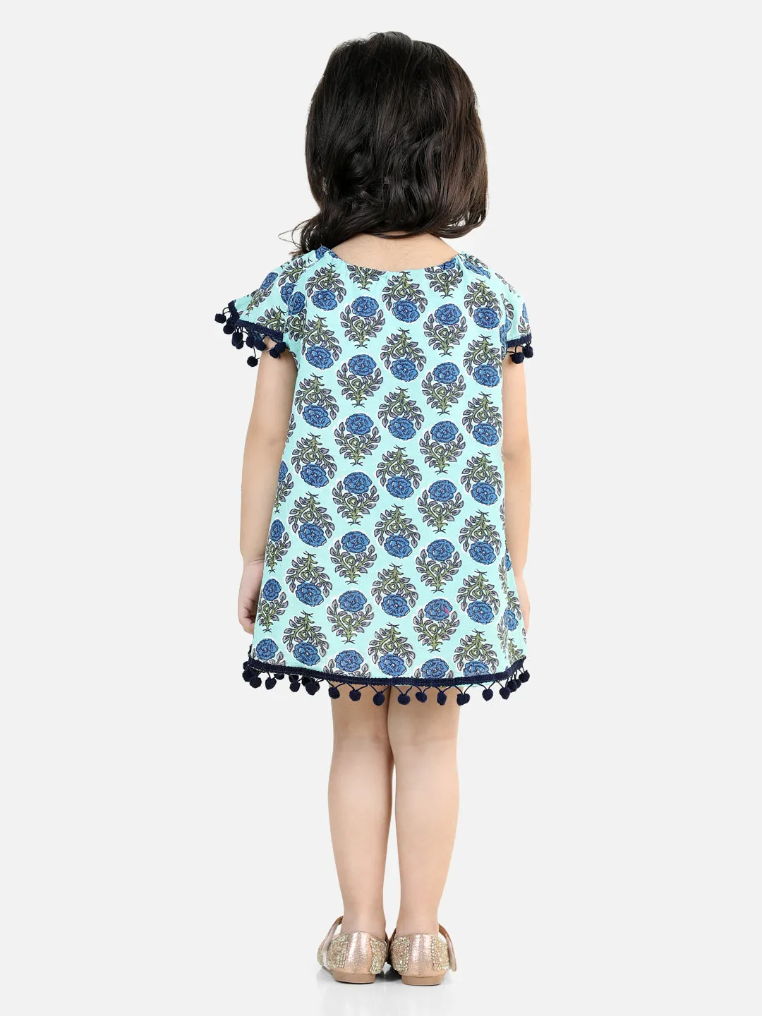 100% Cotton Printed With Pompom Jhabla Frock For Girls- Light Blue