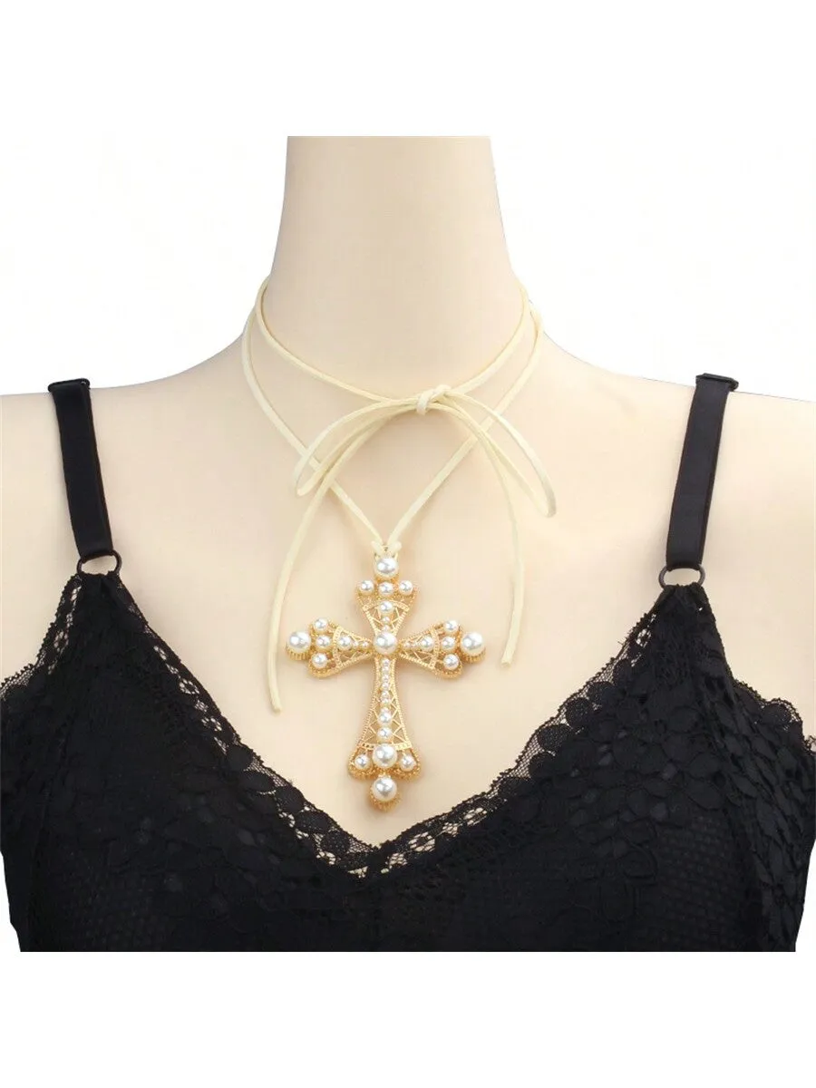 1pc Exaggerated Cross & Rhinestone Decor Choker Necklace With Pull Cord For