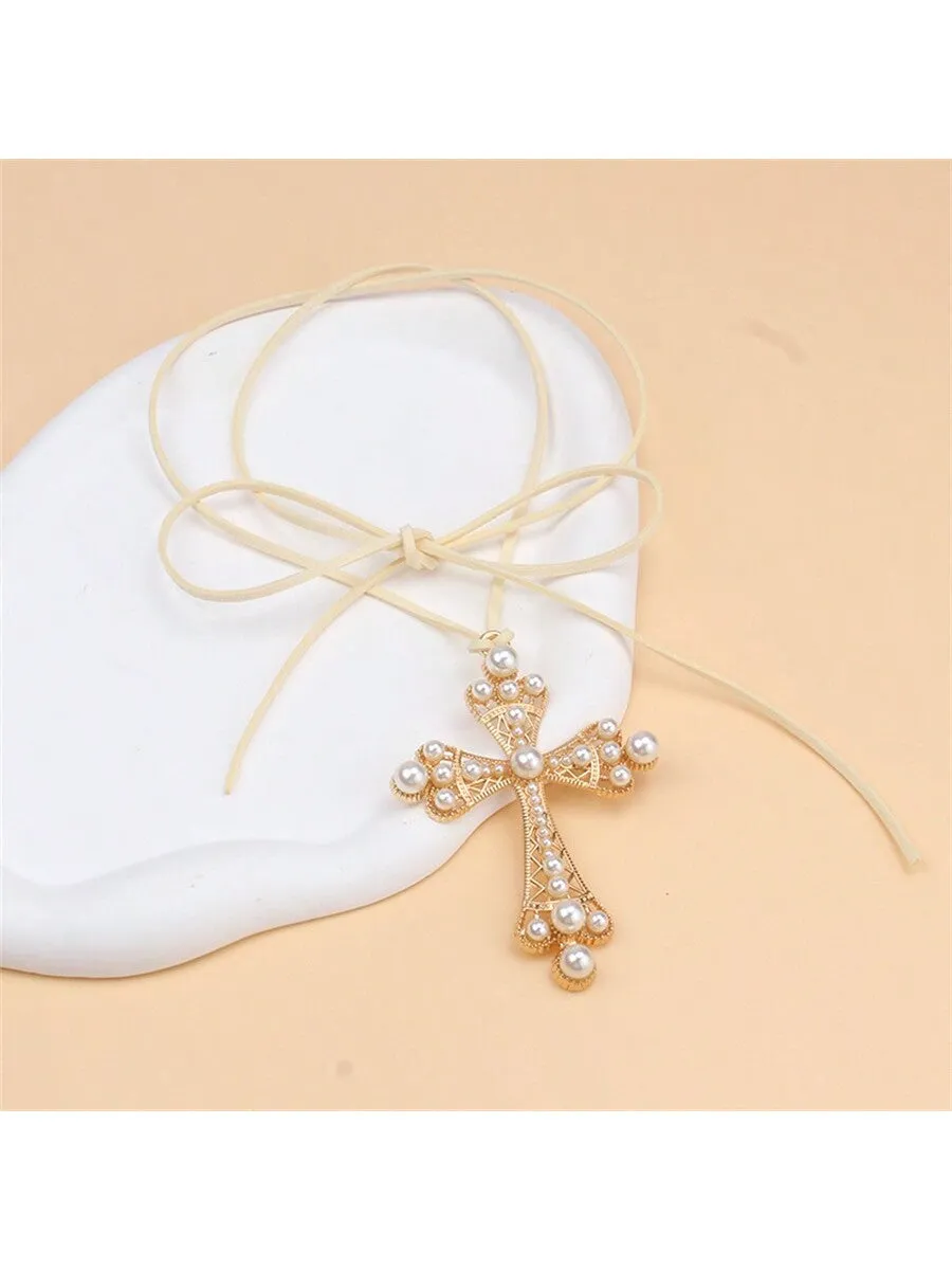 1pc Exaggerated Cross & Rhinestone Decor Choker Necklace With Pull Cord For