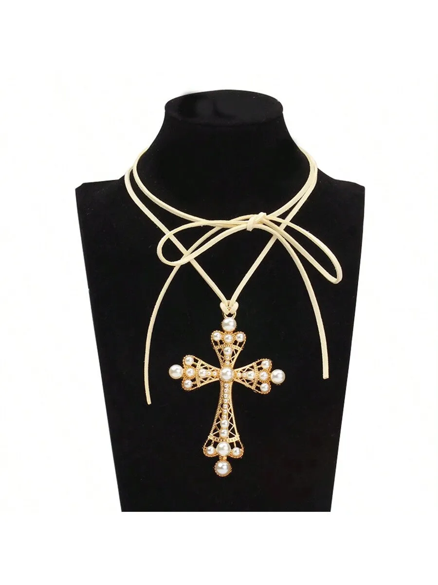 1pc Exaggerated Cross & Rhinestone Decor Choker Necklace With Pull Cord For