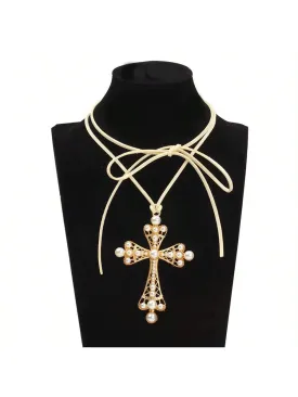 1pc Exaggerated Cross & Rhinestone Decor Choker Necklace With Pull Cord For