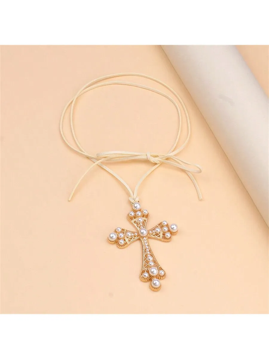 1pc Exaggerated Cross & Rhinestone Decor Choker Necklace With Pull Cord For