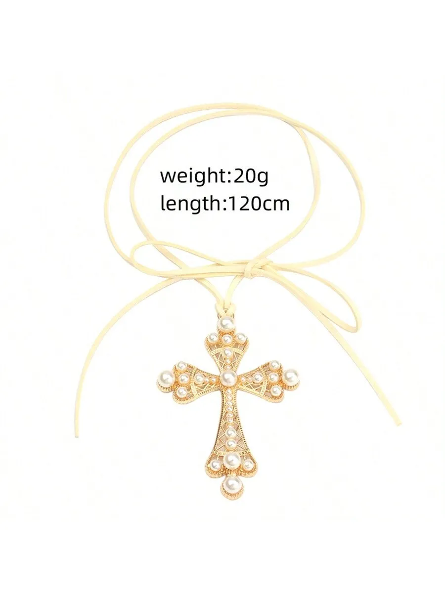 1pc Exaggerated Cross & Rhinestone Decor Choker Necklace With Pull Cord For