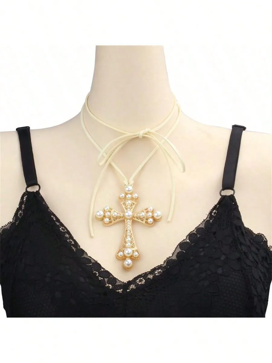 1pc Exaggerated Cross & Rhinestone Decor Choker Necklace With Pull Cord For