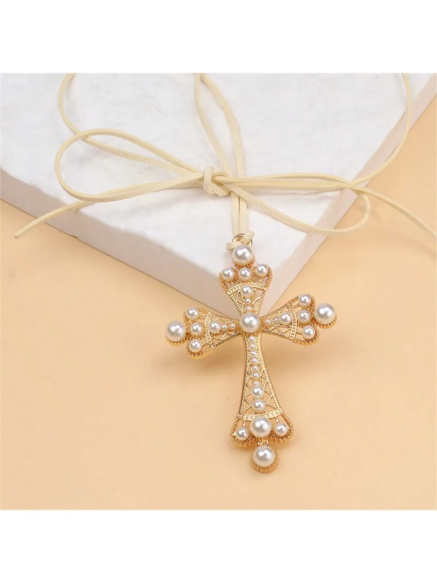 1pc Exaggerated Cross & Rhinestone Decor Choker Necklace With Pull Cord For