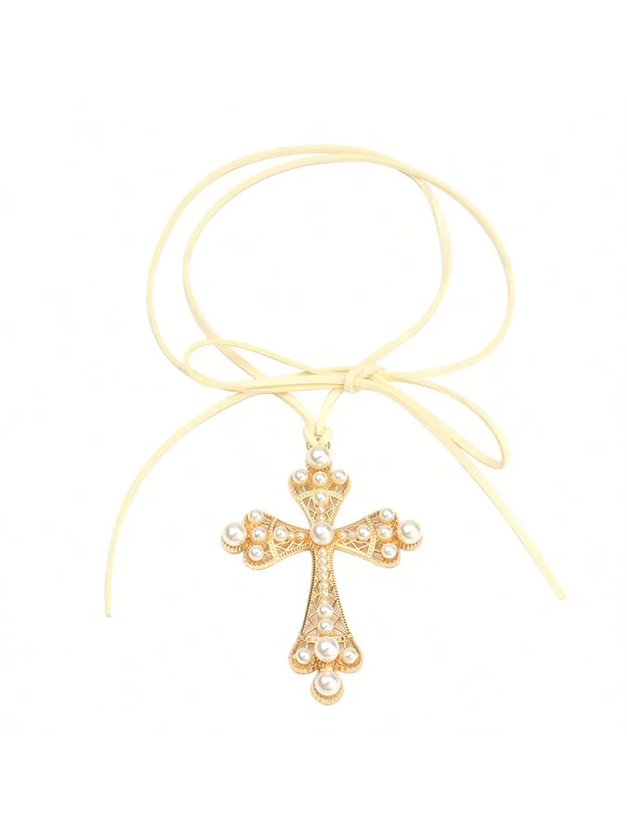 1pc Exaggerated Cross & Rhinestone Decor Choker Necklace With Pull Cord For