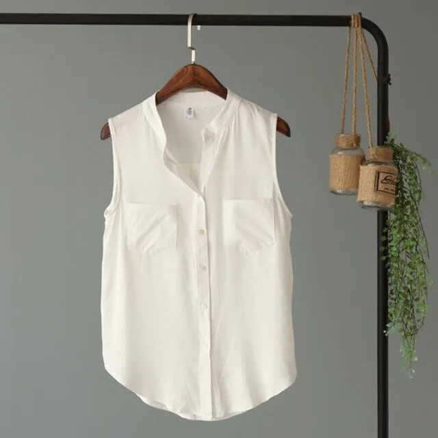 2020 Fashion Women Blouse Casual Women's Shirt Single-breasted Stand Collar Sleeveless Double Pocket Feminina Clothes Summer Top
