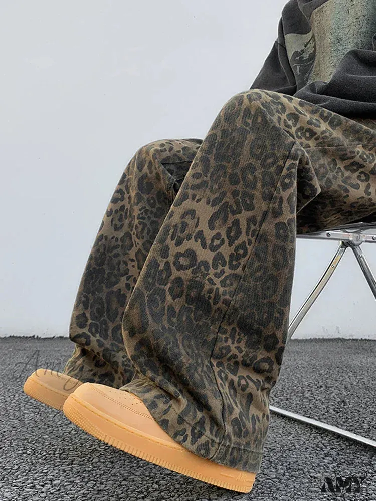 Amy Fashion - 2024 Y2K Leopard Print Wide Leg Women High Waisted Fashion Streetwear Retro Denim Baggy Casual Straight Jean