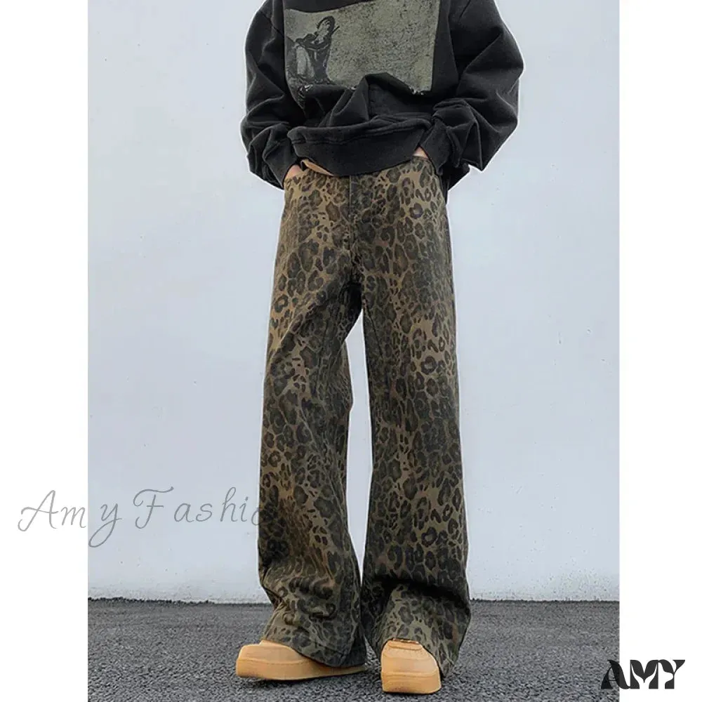 Amy Fashion - 2024 Y2K Leopard Print Wide Leg Women High Waisted Fashion Streetwear Retro Denim Baggy Casual Straight Jean
