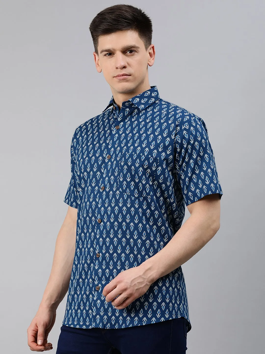 Blue Cotton Short Sleeves Shirts For Men-Mmh039