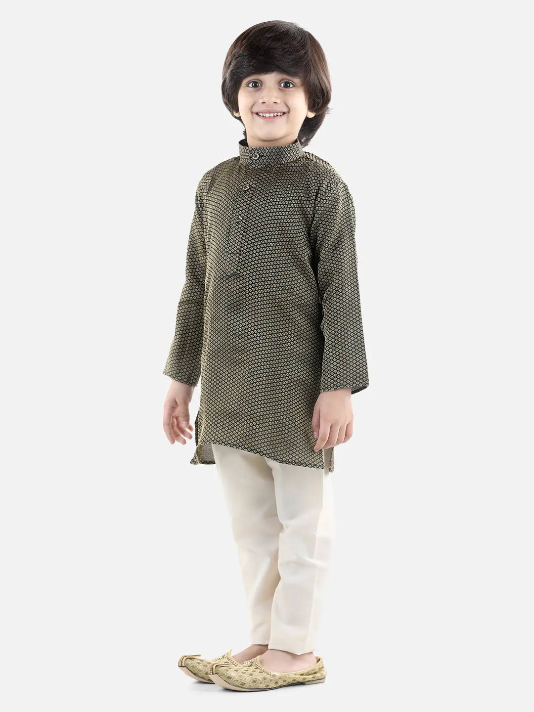 Boys Ethnic Full Sleeve Jacquard Kurta Pajama- Black
