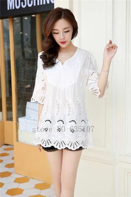 Casual 2017 summer Women Blouses vintage Embroidery Shirt Short Sleeve blouse ladies floral tops womens clothing plus size