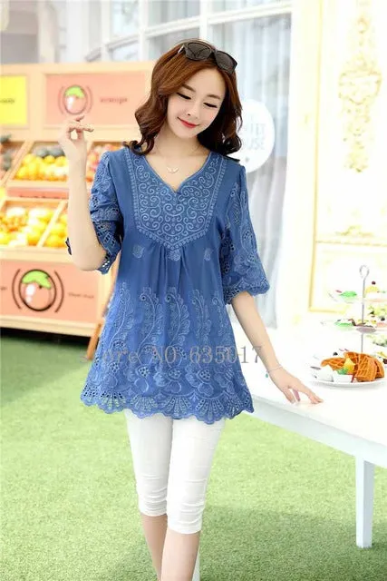 Casual 2017 summer Women Blouses vintage Embroidery Shirt Short Sleeve blouse ladies floral tops womens clothing plus size