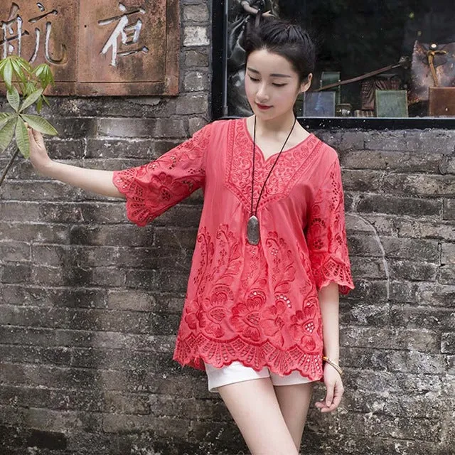 Casual 2017 summer Women Blouses vintage Embroidery Shirt Short Sleeve blouse ladies floral tops womens clothing plus size