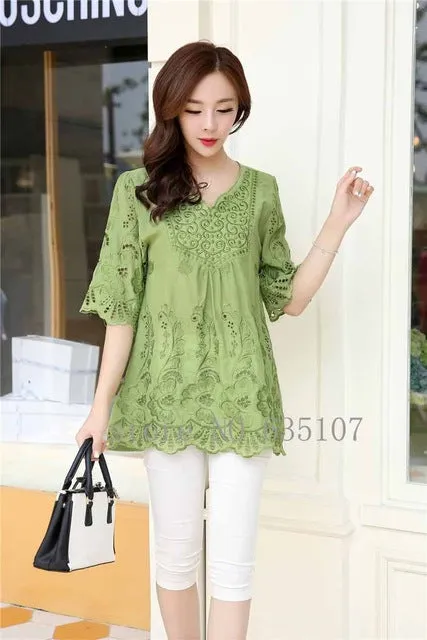 Casual 2017 summer Women Blouses vintage Embroidery Shirt Short Sleeve blouse ladies floral tops womens clothing plus size