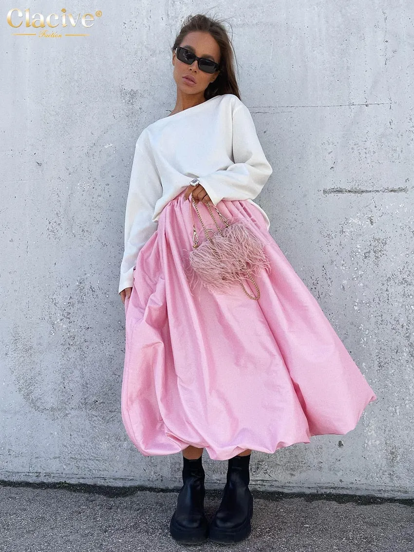 Clacive Fashion Beige Satin Skirts For Women Elegant High Waist Office Lady Ankle-Length Skirt Casual Loose Skirt Female Clothes