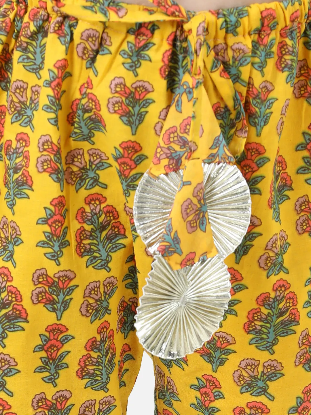 Cotton Printed Off Shoulder Kurti Pant Set with Side sling bag for Girls- Yellow
