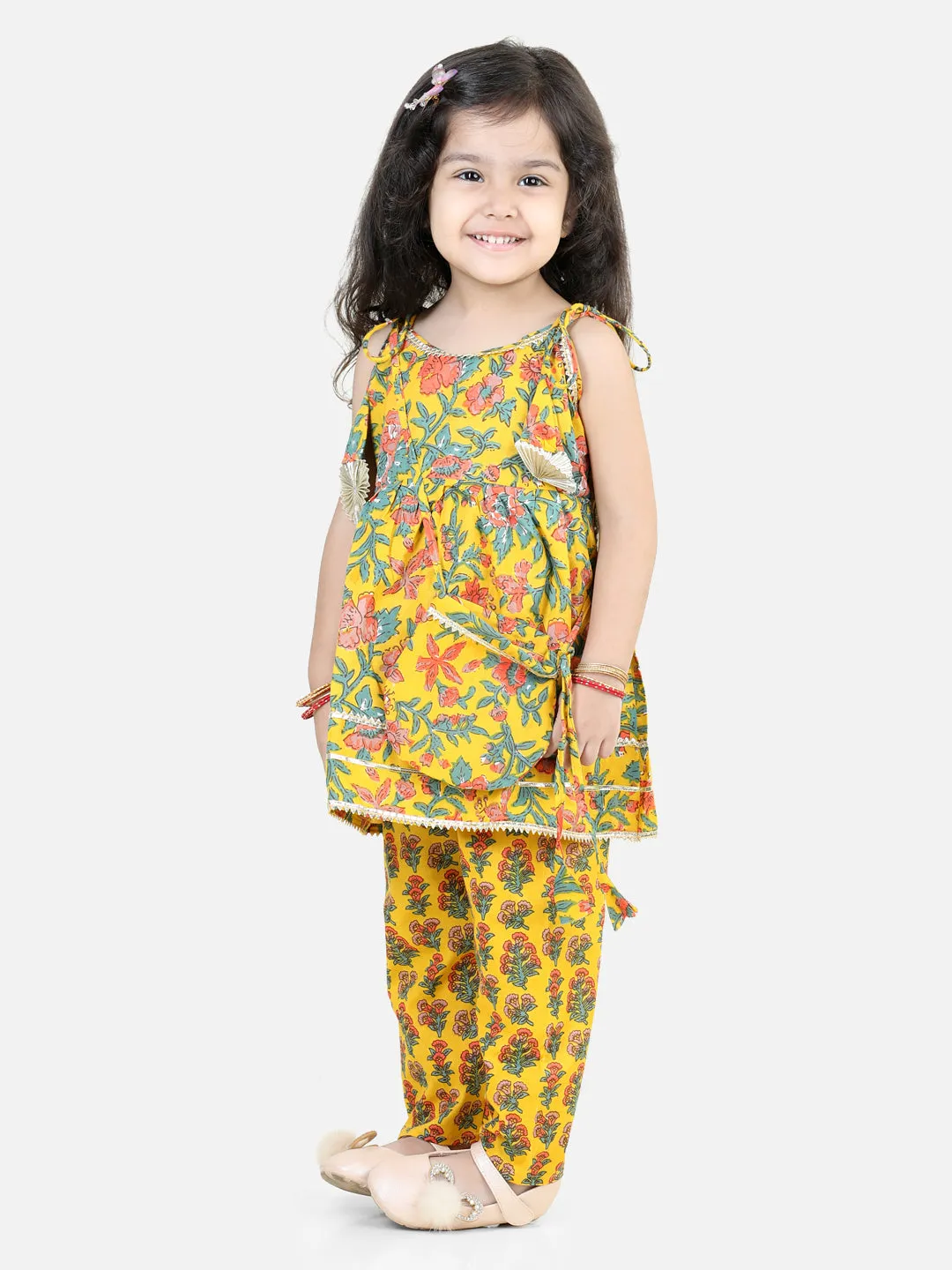Cotton Printed Off Shoulder Kurti Pant Set with Side sling bag for Girls- Yellow