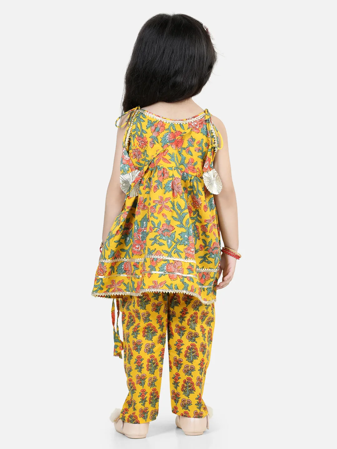 Cotton Printed Off Shoulder Kurti Pant Set with Side sling bag for Girls- Yellow