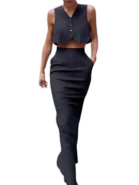 Elegant Sleeveless Single Breasted Button Vest & A Line Black Skirt Set For Women