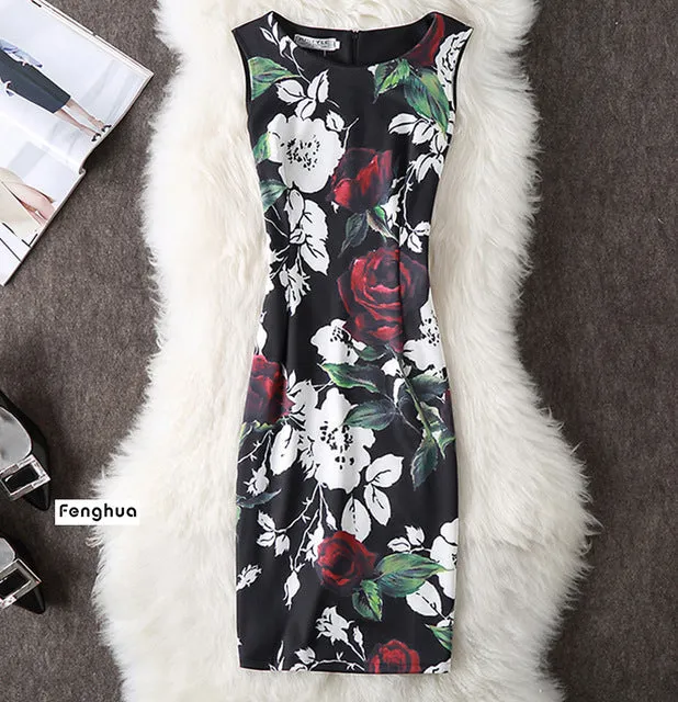 Fenghua Vintage Casual Elegant Sexy Women Summer Dress Plus Size 2017 Floral Party Dresses Slim O-neck Pencil Bodycon Dress 4XL
