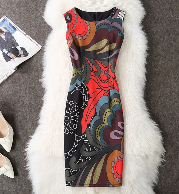 Fenghua Vintage Casual Elegant Sexy Women Summer Dress Plus Size 2017 Floral Party Dresses Slim O-neck Pencil Bodycon Dress 4XL