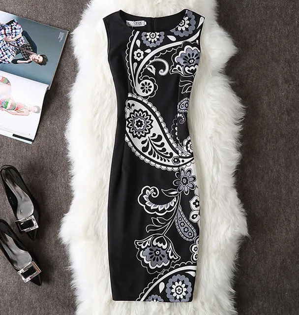 Fenghua Vintage Casual Elegant Sexy Women Summer Dress Plus Size 2017 Floral Party Dresses Slim O-neck Pencil Bodycon Dress 4XL