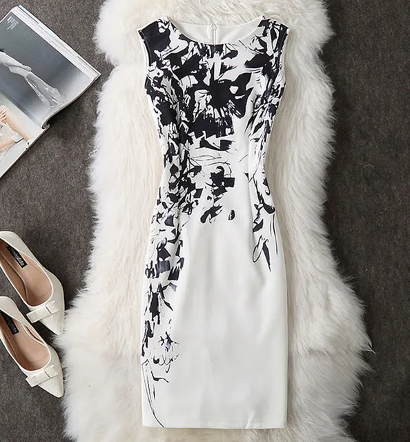 Fenghua Vintage Casual Elegant Sexy Women Summer Dress Plus Size 2017 Floral Party Dresses Slim O-neck Pencil Bodycon Dress 4XL