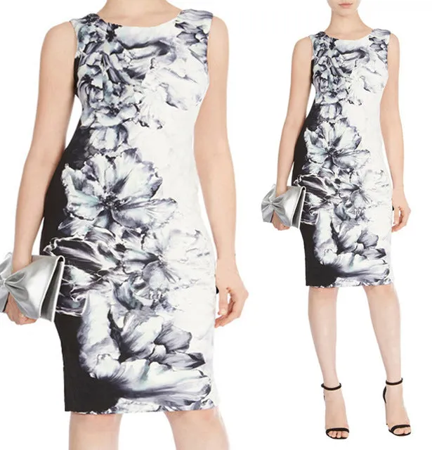 Fenghua Vintage Casual Elegant Sexy Women Summer Dress Plus Size 2017 Floral Party Dresses Slim O-neck Pencil Bodycon Dress 4XL