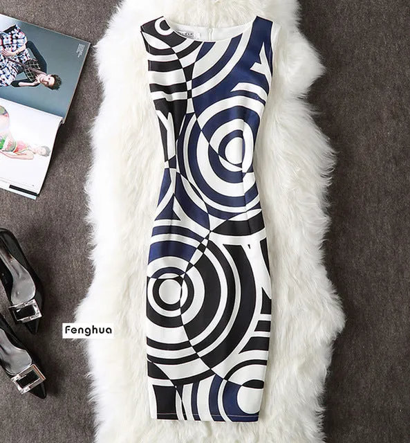 Fenghua Vintage Casual Elegant Sexy Women Summer Dress Plus Size 2017 Floral Party Dresses Slim O-neck Pencil Bodycon Dress 4XL