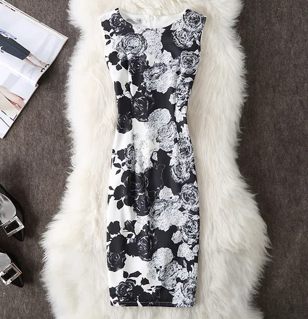 Fenghua Vintage Casual Elegant Sexy Women Summer Dress Plus Size 2017 Floral Party Dresses Slim O-neck Pencil Bodycon Dress 4XL