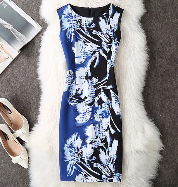 Fenghua Vintage Casual Elegant Sexy Women Summer Dress Plus Size 2017 Floral Party Dresses Slim O-neck Pencil Bodycon Dress 4XL