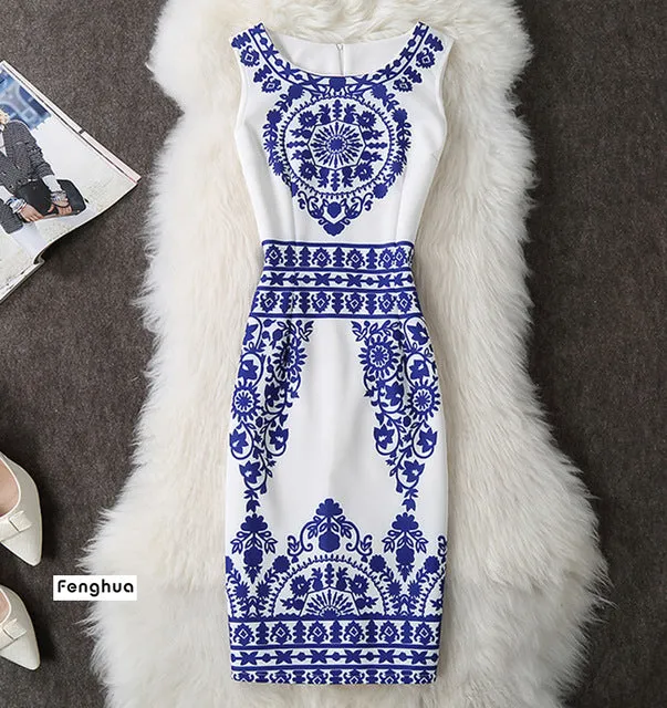 Fenghua Vintage Casual Elegant Sexy Women Summer Dress Plus Size 2017 Floral Party Dresses Slim O-neck Pencil Bodycon Dress 4XL