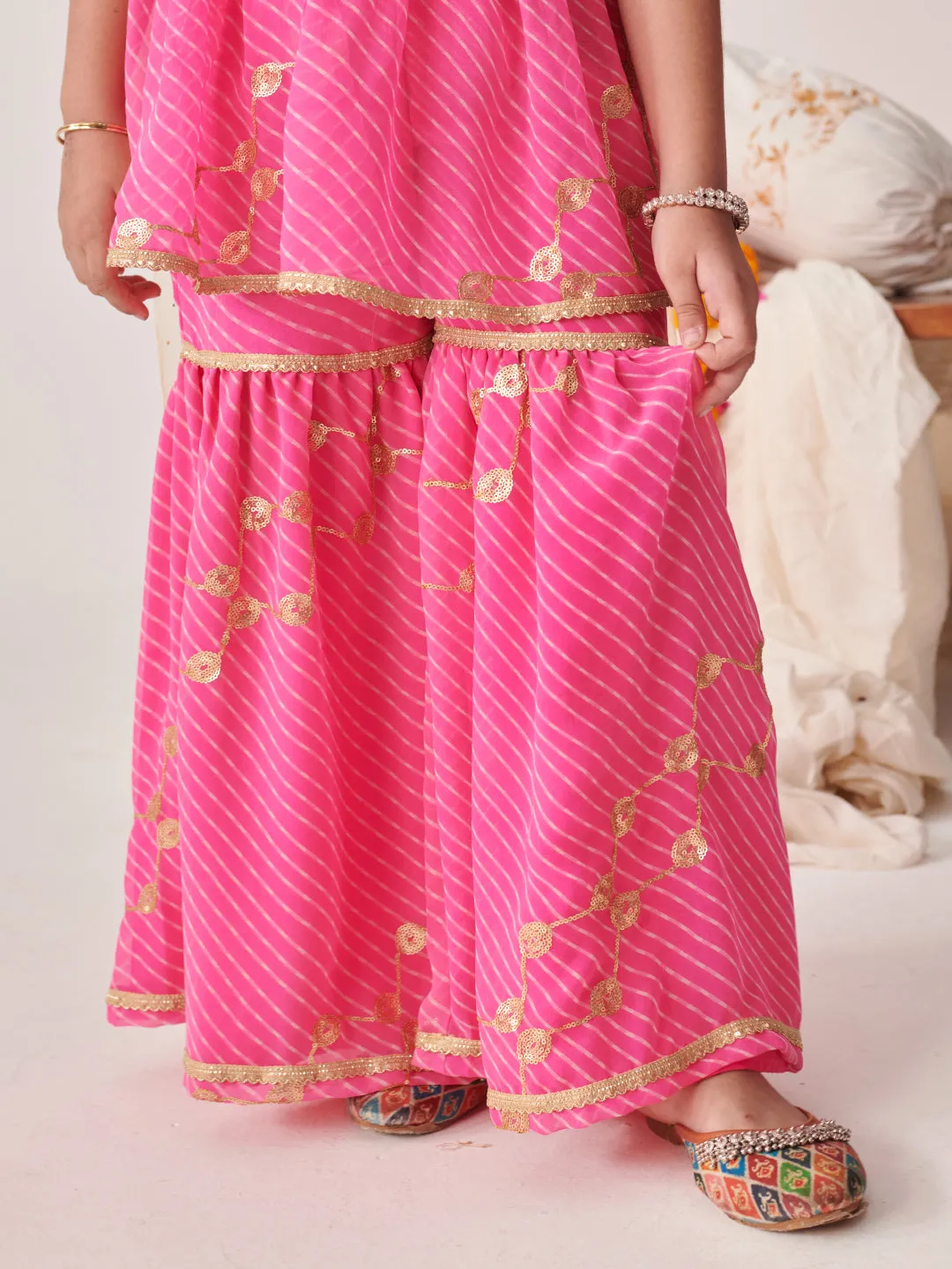 Girls Leheriya Printed Empire Sequinned Kurta With Sharara With Dupatta