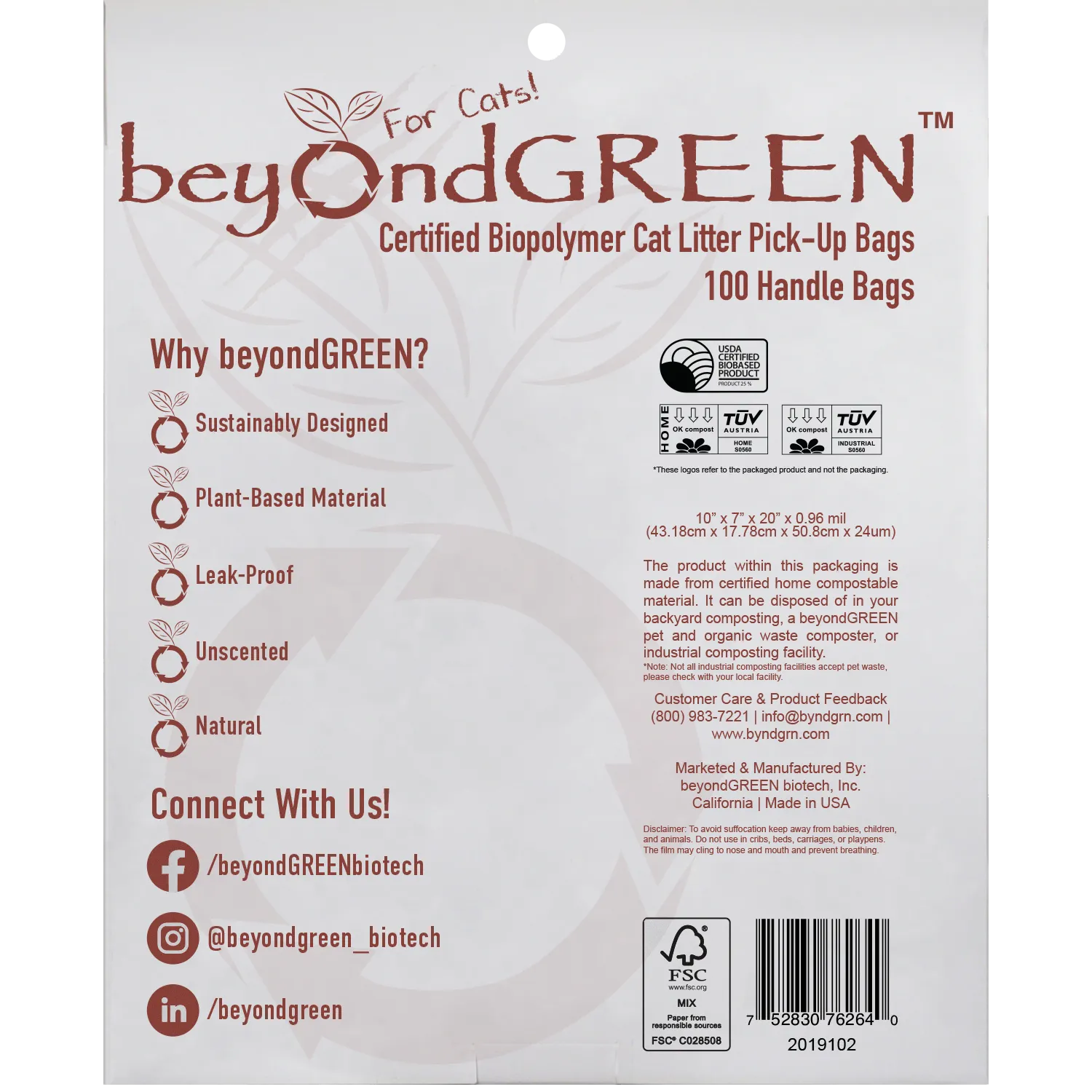Large Plant-Based Cat Litter Pick-Up Bags with Handles - 100 Bags