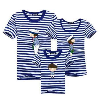 Ming Di Family Look Brand New 2016 Summer Family Matching Outfits T Shirt Short Sleeve Blue Striped Girl Mother Dad Son Clothing