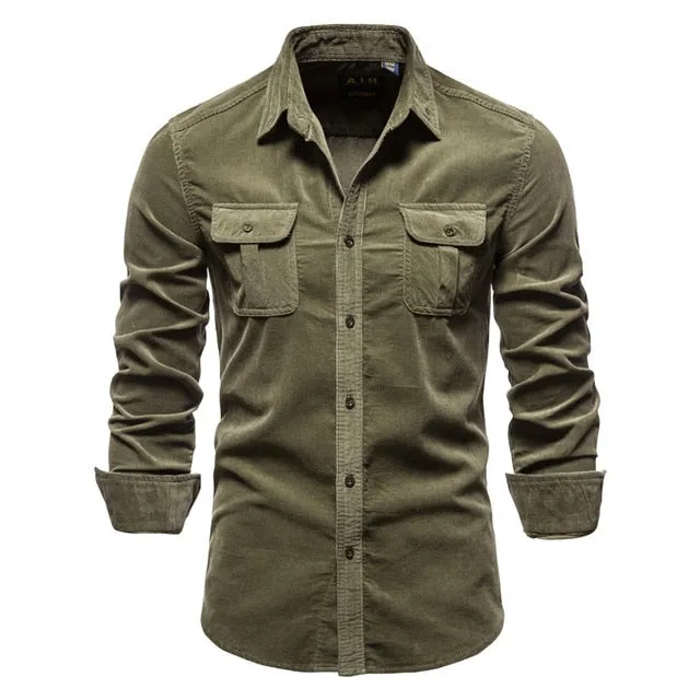 New Pocket Breasted 100% Cotton Men's Shirt. Business Casual  Solid Color Corduroy Men Shirts. Autumn Slim Shirt Men.