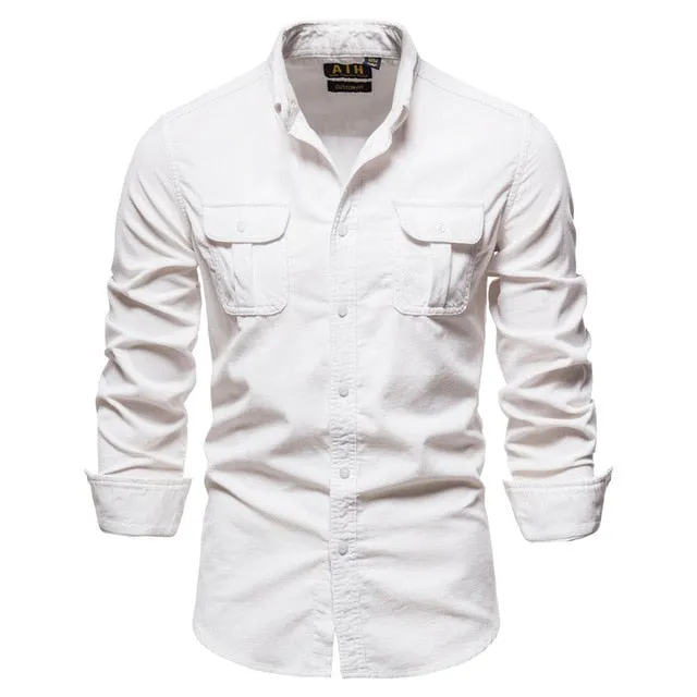 New Pocket Breasted 100% Cotton Men's Shirt. Business Casual  Solid Color Corduroy Men Shirts. Autumn Slim Shirt Men.