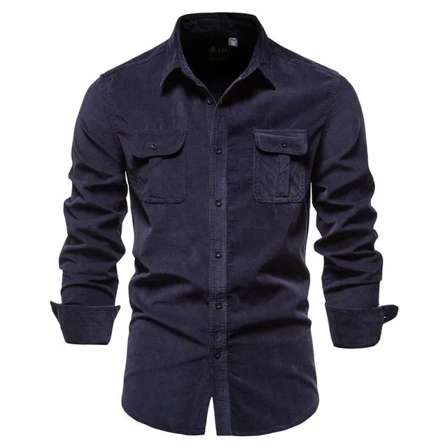 New Pocket Breasted 100% Cotton Men's Shirt. Business Casual  Solid Color Corduroy Men Shirts. Autumn Slim Shirt Men.