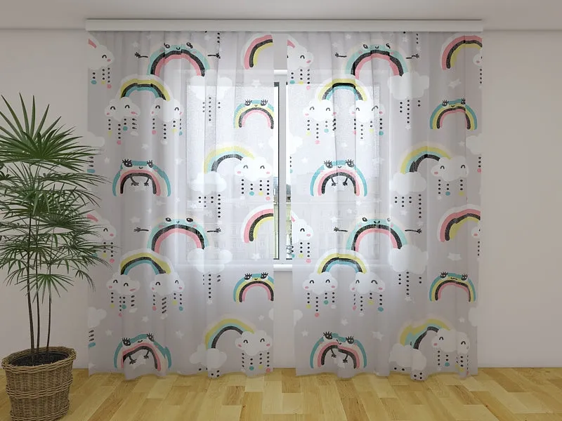 Photo Curtain Cute Rainbow and Clouds with Eyes
