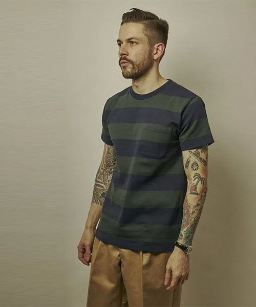 Ragtime Rugby Border Pocket Tee in Green x Navy