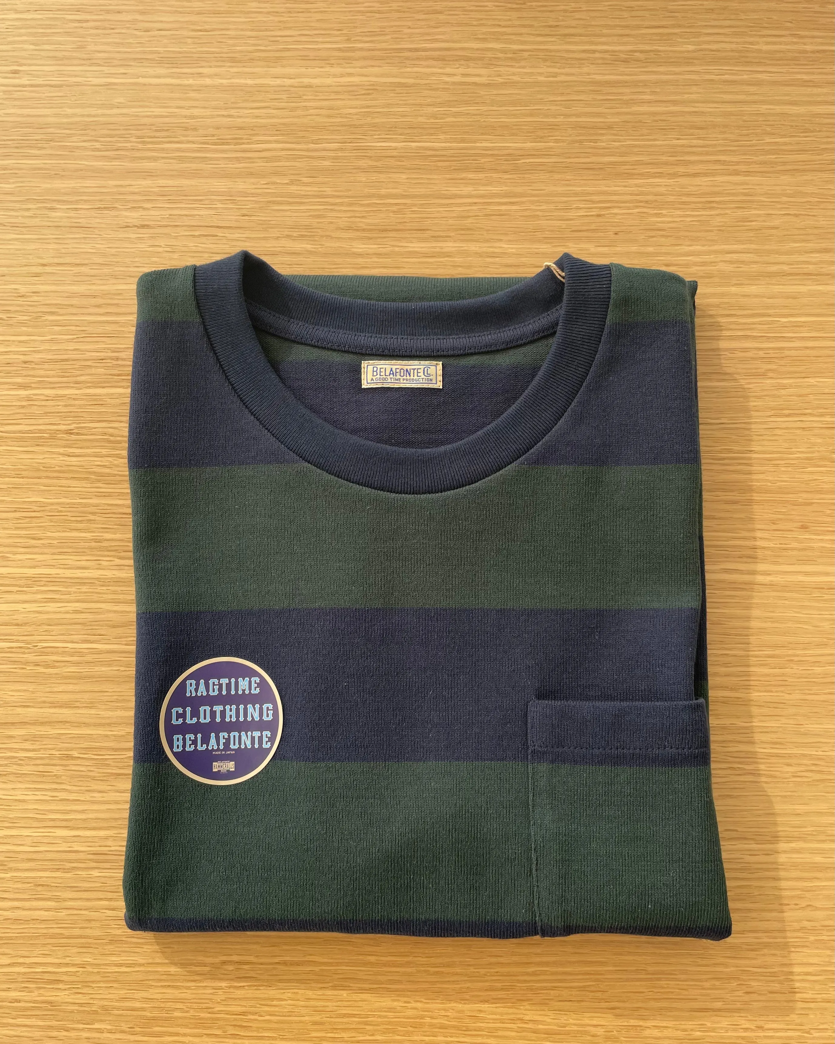 Ragtime Rugby Border Pocket Tee in Green x Navy