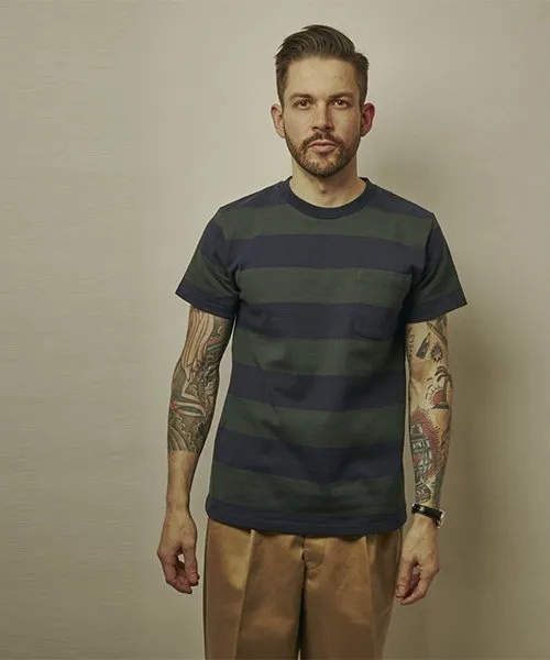 Ragtime Rugby Border Pocket Tee in Green x Navy