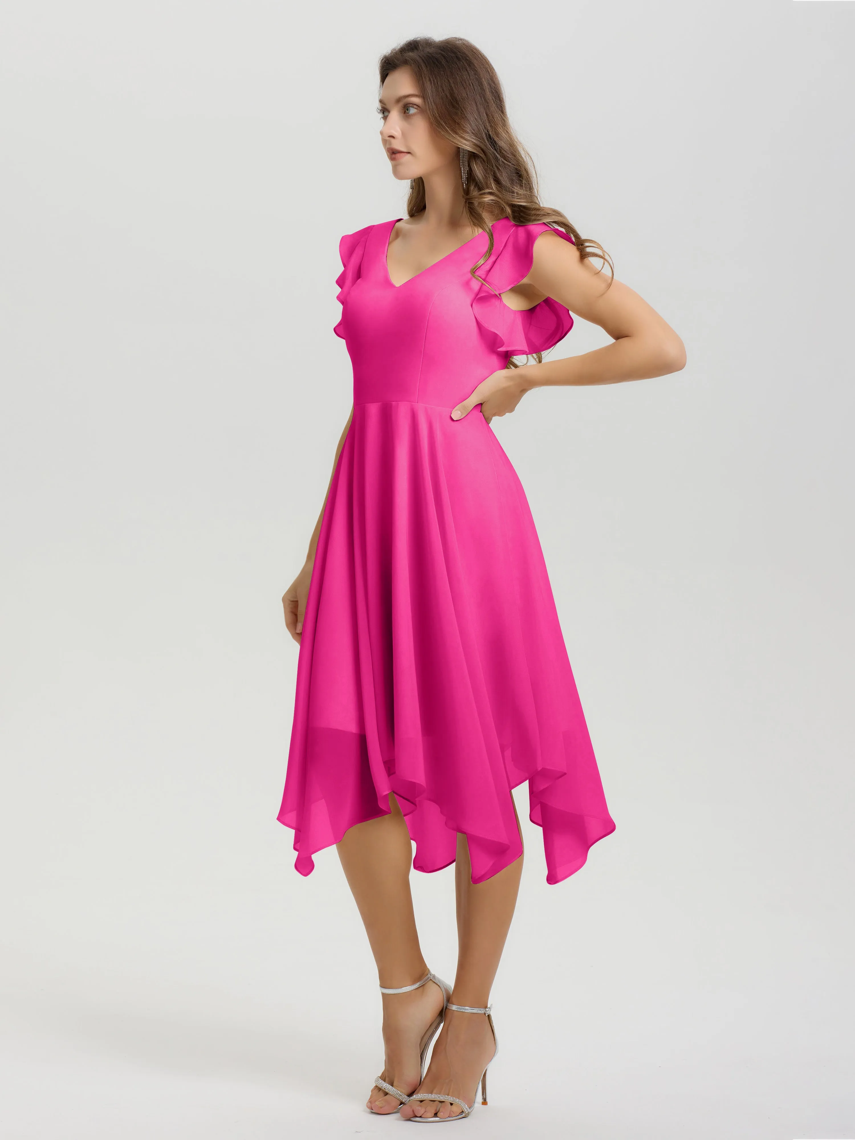 Ruffle Sleeves V-neck Asymmetrical Tea Length Chiffon Bridesmaid Dresses