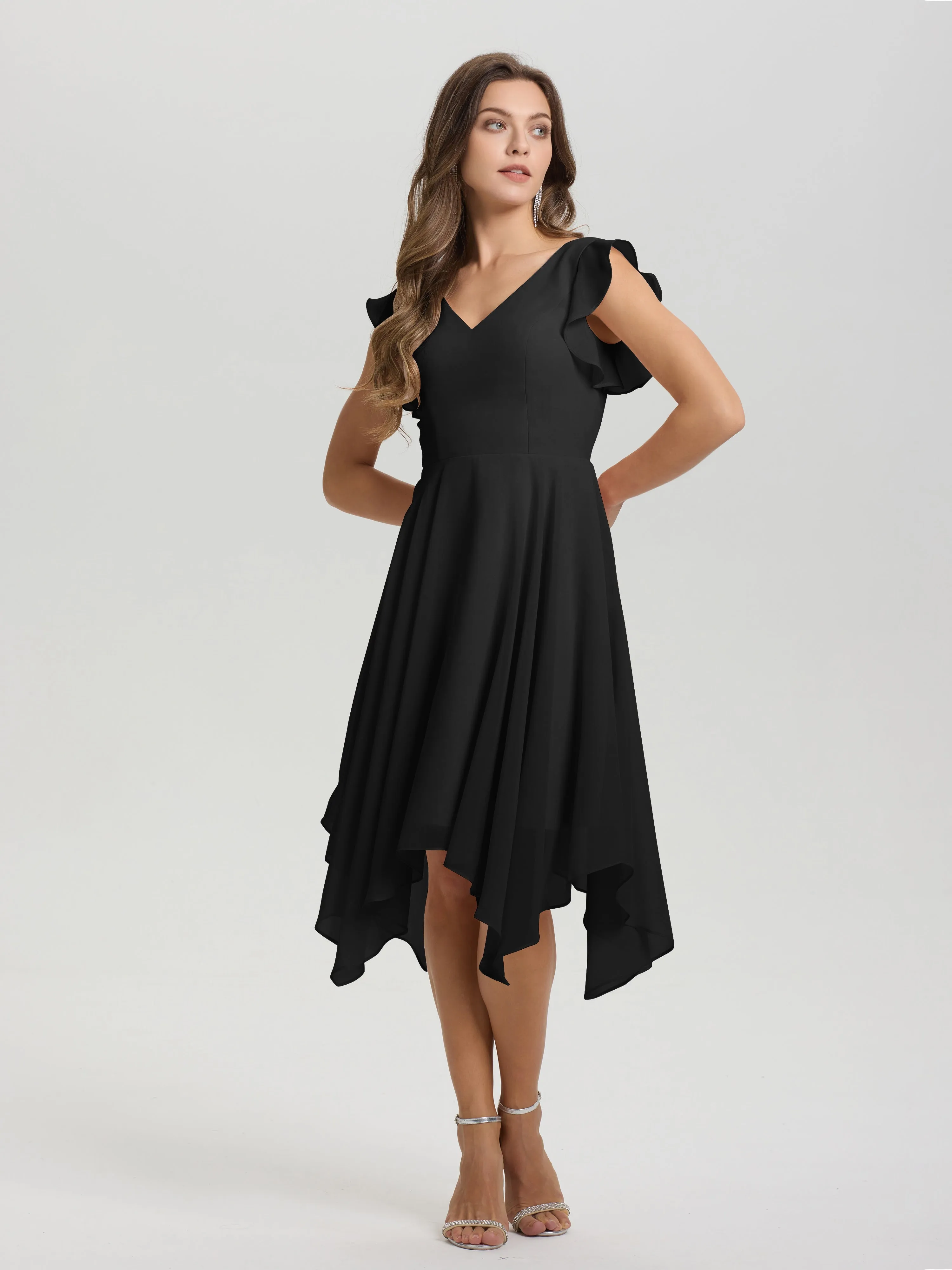 Ruffle Sleeves V-neck Asymmetrical Tea Length Chiffon Bridesmaid Dresses
