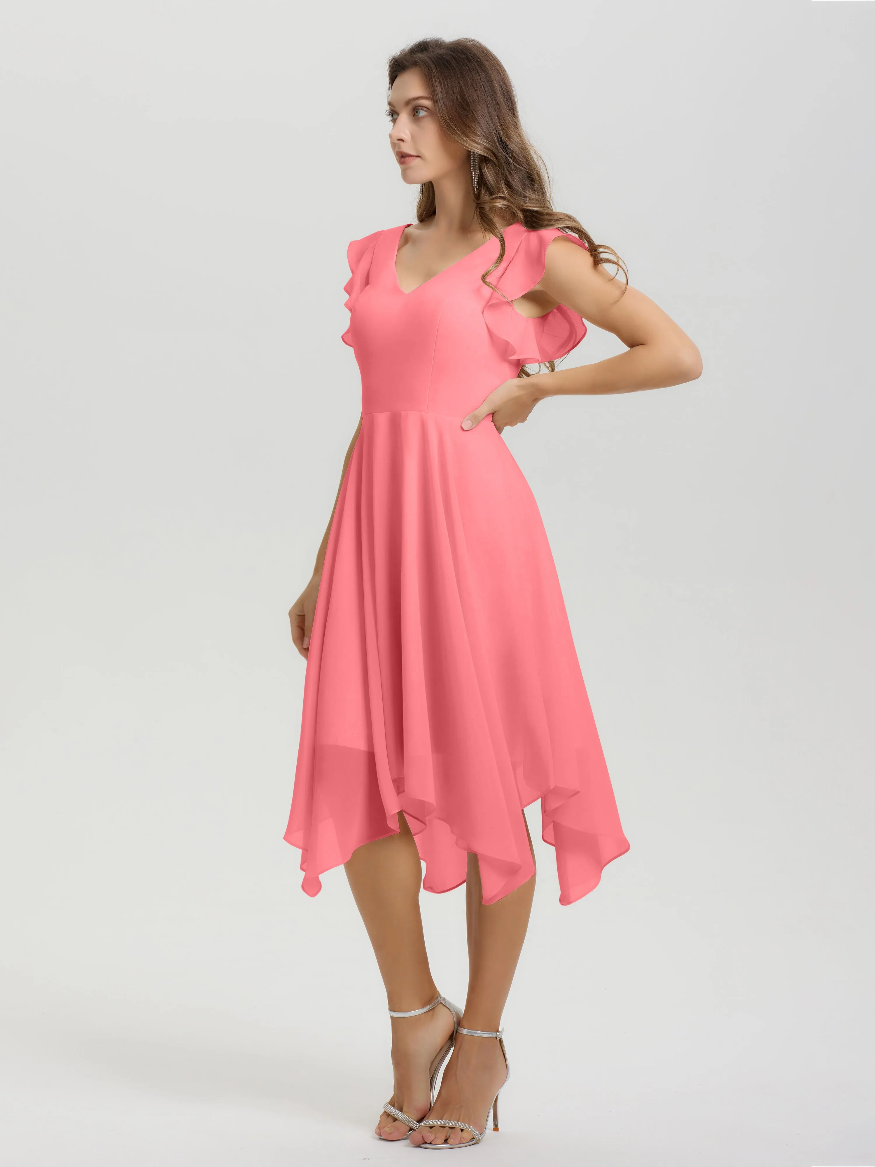 Ruffle Sleeves V-neck Asymmetrical Tea Length Chiffon Bridesmaid Dresses