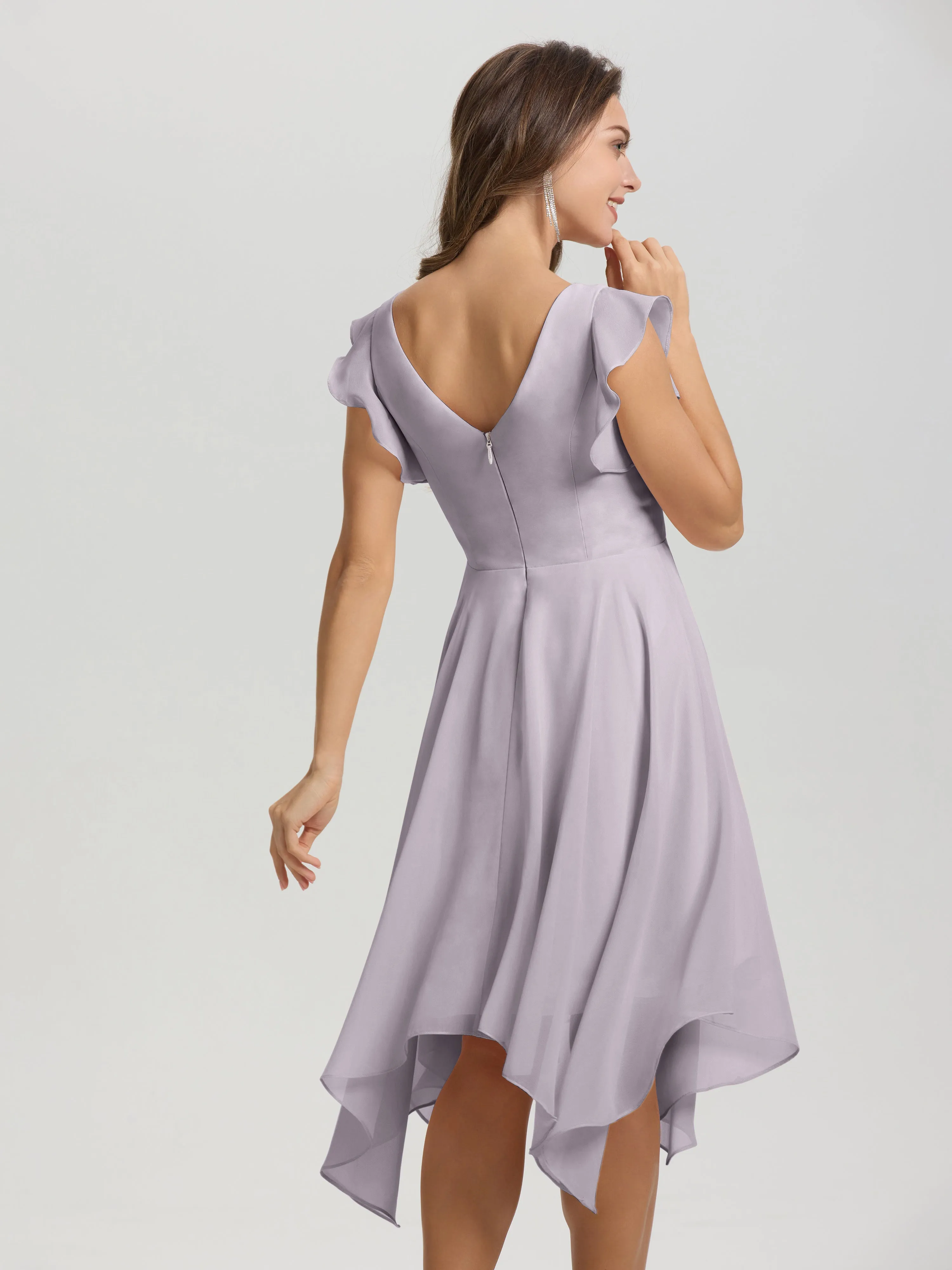 Ruffle Sleeves V-neck Asymmetrical Tea Length Chiffon Bridesmaid Dresses