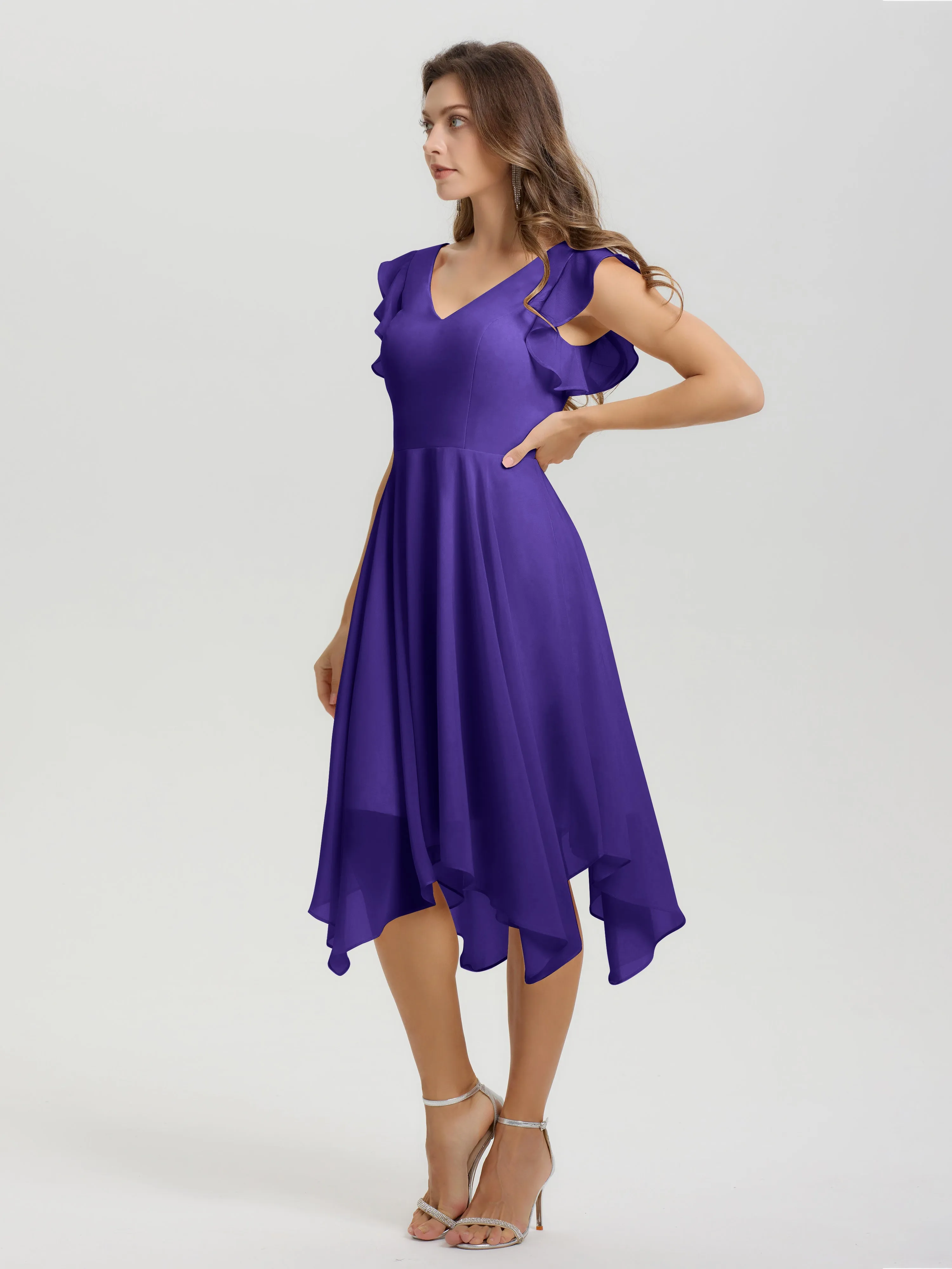 Ruffle Sleeves V-neck Asymmetrical Tea Length Chiffon Bridesmaid Dresses
