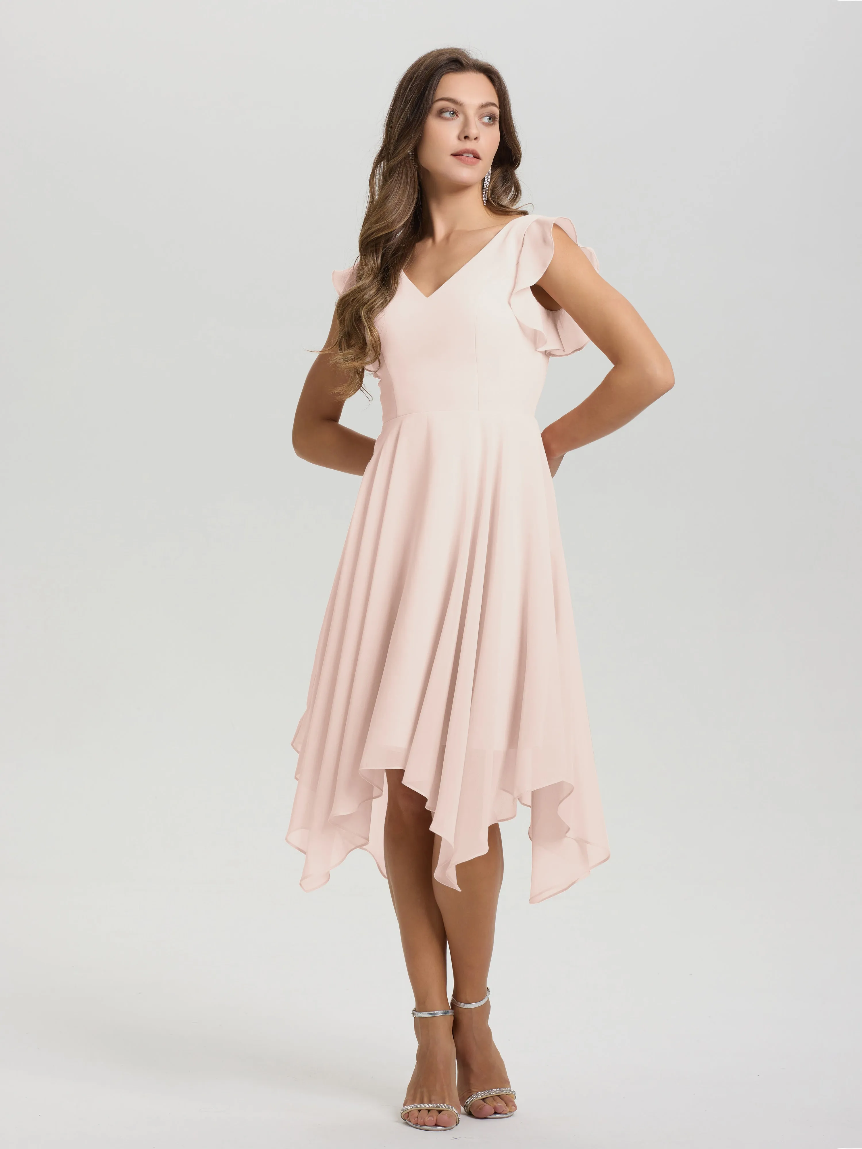 Ruffle Sleeves V-neck Asymmetrical Tea Length Chiffon Bridesmaid Dresses