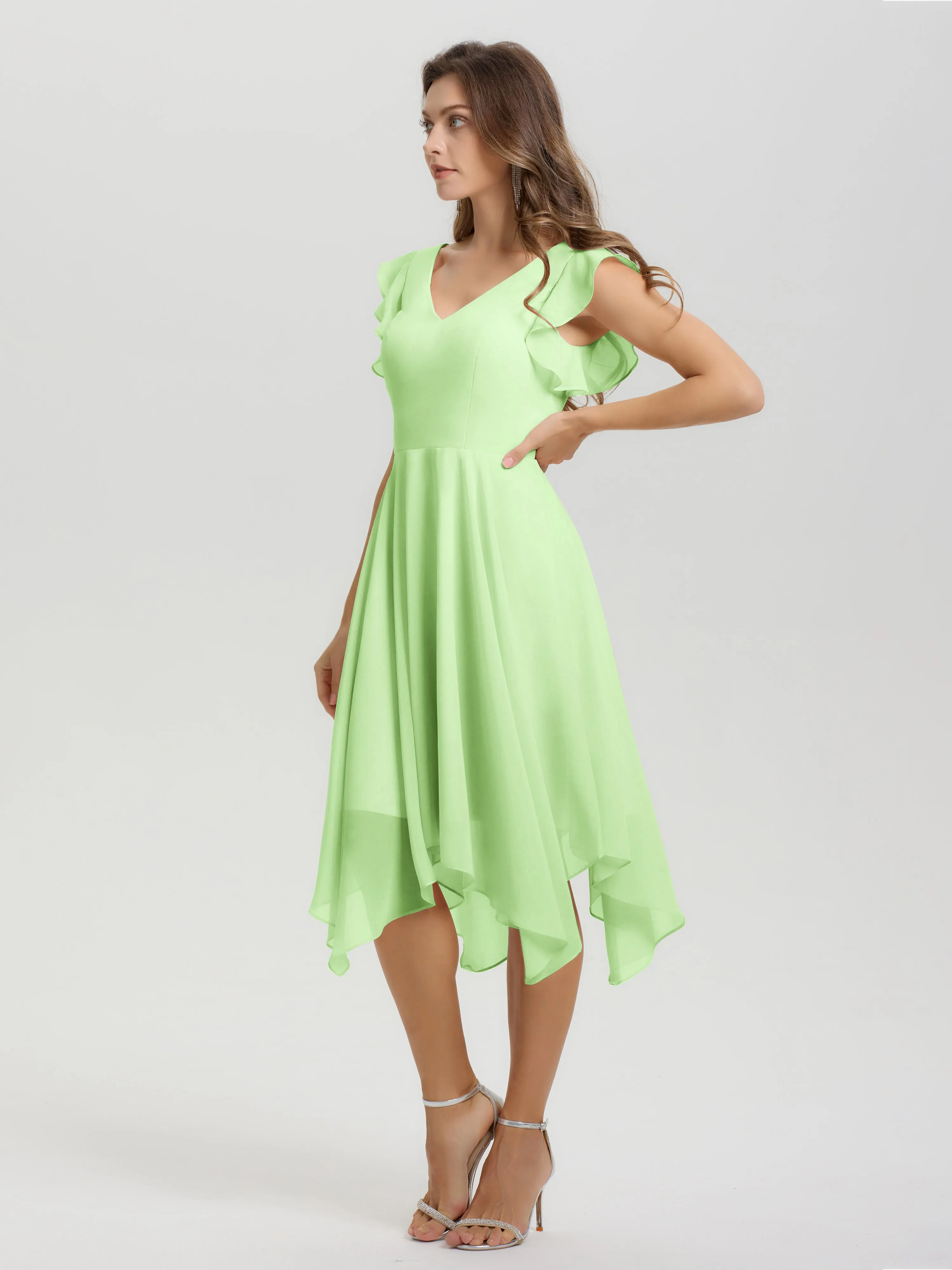 Ruffle Sleeves V-neck Asymmetrical Tea Length Chiffon Bridesmaid Dresses